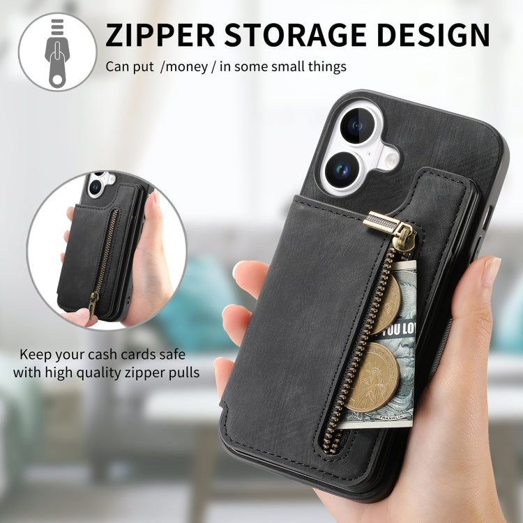 For iPhone 16 Plus Retro Leather Zipper Wallet Back Phone Case(Black) - More iPhone Cases by buy2fix | Online Shopping UK | buy2fix