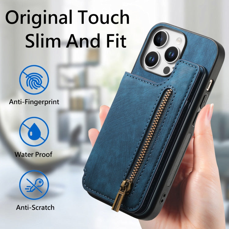 For iPhone 16 Pro Max Retro Leather Zipper Wallet Back Phone Case(Blue) - More iPhone Cases by buy2fix | Online Shopping UK | buy2fix