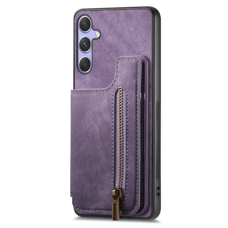 For Samsung Galaxy S25 5G Retro Leather Zipper Wallet Back Phone Case(Purple) - Galaxy S25 5G Cases by buy2fix | Online Shopping UK | buy2fix