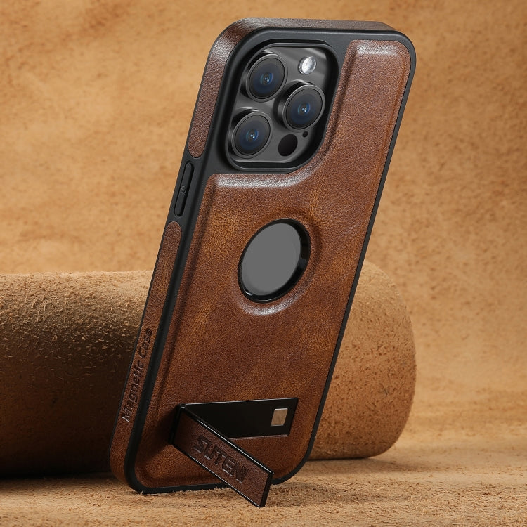 For iPhone 14 Pro Max Suteni G2 Magsafe Oil Wax Leather Back Phone Case with Holder(Brown) - iPhone 14 Pro Max Cases by Suteni | Online Shopping UK | buy2fix