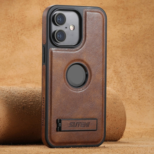 For iPhone 16 Plus Suteni G2 Magsafe Oil Wax Leather Back Phone Case with Holder(Brown) - iPhone 16 Plus Cases by Suteni | Online Shopping UK | buy2fix