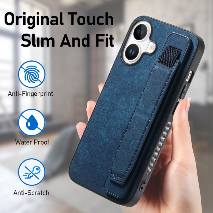 For iPhone 16 Plus Retro Wristband Holder Leather Back Phone Case(Blue) - iPhone 16 Plus Cases by buy2fix | Online Shopping UK | buy2fix