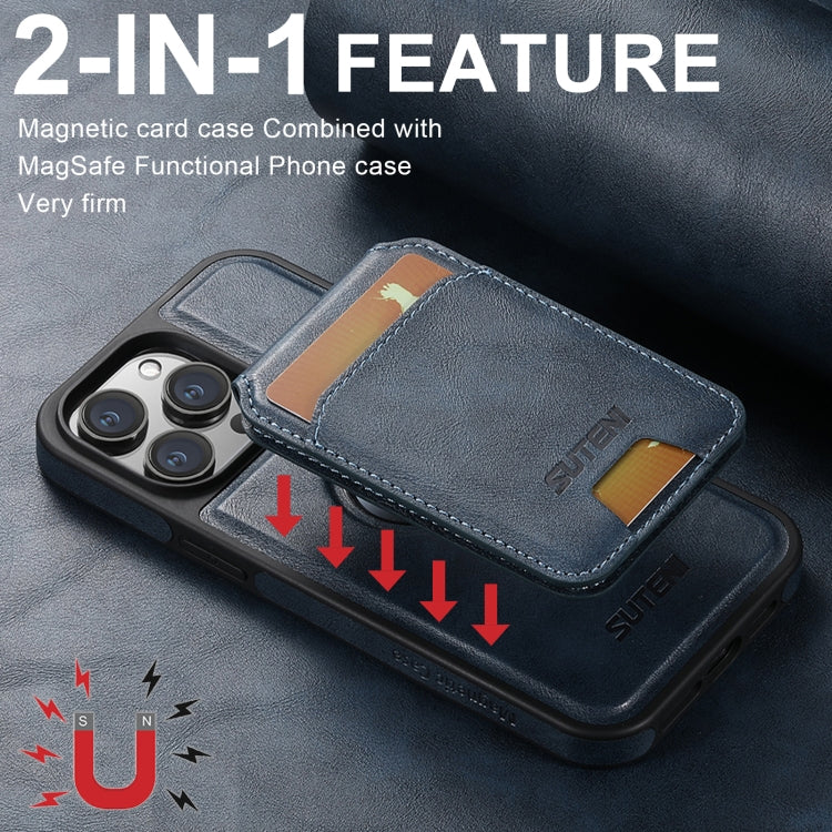 For iPhone 16 Plus Suteni M2 Oil Wax MagSafe Horizontal Card Bag Phone Case(Blue) - iPhone 16 Plus Cases by Suteni | Online Shopping UK | buy2fix