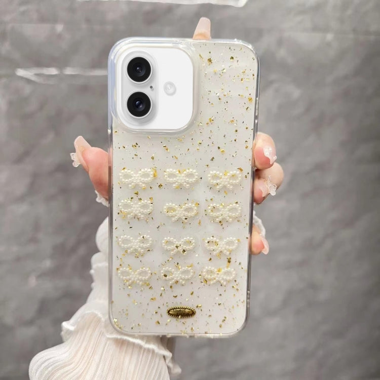 For iPhone 16 Plus Gold Foil Pearl Bow TPU Phone Case(Bow) - iPhone 16 Plus Cases by buy2fix | Online Shopping UK | buy2fix