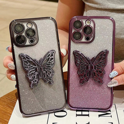 For iPhone 16 Electroplated Gradient Glitter 3D Butterfly TPU Phone Case(Gradient Purple) - iPhone 16 Cases by buy2fix | Online Shopping UK | buy2fix