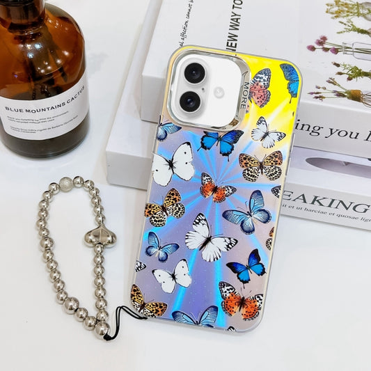 For iPhone 16 Plus Electroplating Laser Butterfly Phone Case with Wrist Strap(Color Butterflies AB1) - iPhone 16 Plus Cases by buy2fix | Online Shopping UK | buy2fix