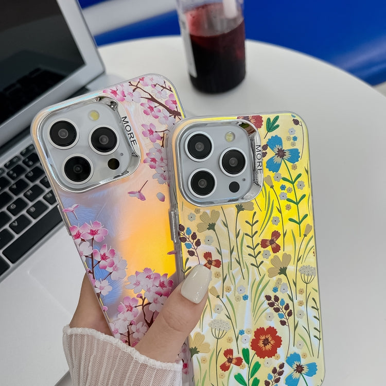 For iPhone 16 Plus Electroplating Laser Flower Texture TPU Phone Case(White Flower AH10) - iPhone 16 Plus Cases by buy2fix | Online Shopping UK | buy2fix