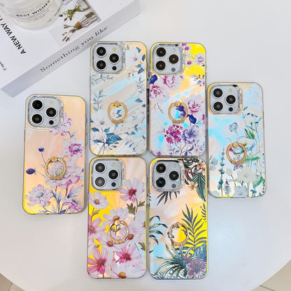 For iPhone 16 Pro Electroplating Laser Flower Ring Holder TPU Phone Case(Leaves AH12) - iPhone 16 Pro Cases by buy2fix | Online Shopping UK | buy2fix