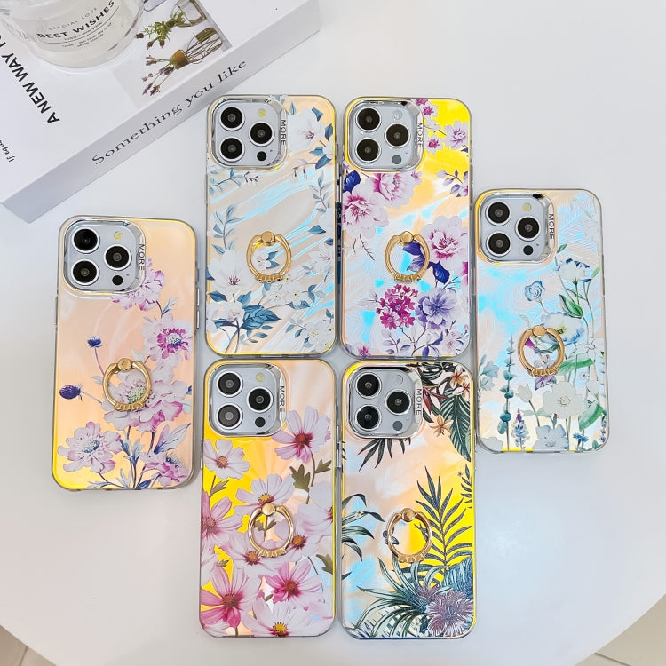 For iPhone 16 Electroplating Laser Flower Ring Holder TPU Phone Case(Peony AH11) - iPhone 16 Cases by buy2fix | Online Shopping UK | buy2fix