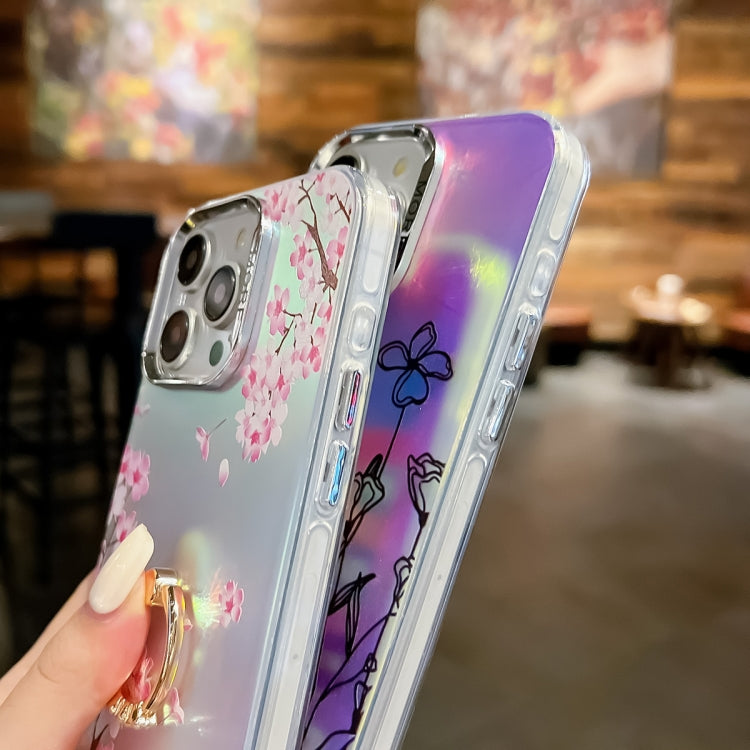 For iPhone 16 Plus Electroplating Laser Flower Ring Holder TPU Phone Case(Lavender AH14) - iPhone 16 Plus Cases by buy2fix | Online Shopping UK | buy2fix