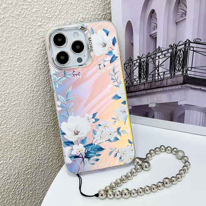 For iPhone 16 Pro Electroplating Laser Flower Phone Case with Wrist Strap(White Flower AH10) - iPhone 16 Pro Cases by buy2fix | Online Shopping UK | buy2fix