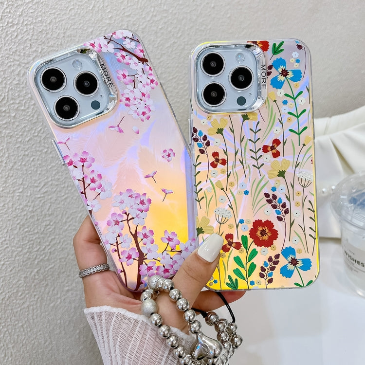 For iPhone 16 Electroplating Laser Flower Phone Case with Wrist Strap(Peony AH11) - iPhone 16 Cases by buy2fix | Online Shopping UK | buy2fix