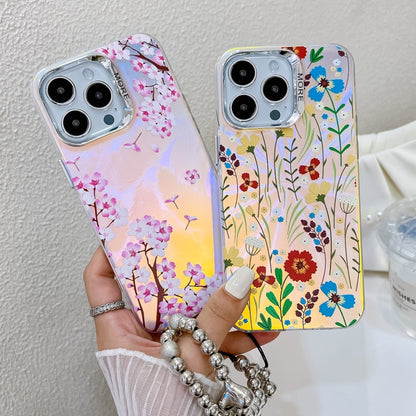 For iPhone 16 Plus Electroplating Laser Flower Phone Case with Wrist Strap(Plum Blossom AH18) - iPhone 16 Plus Cases by buy2fix | Online Shopping UK | buy2fix