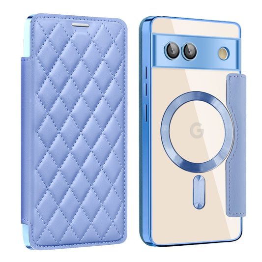 For Google Pixel 7a Shield Magsafe RFID Anti-theft Rhombus Leather Phone Case(Blue) - Google Cases by buy2fix | Online Shopping UK | buy2fix