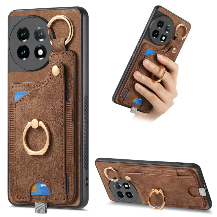 For OnePlus 11 Retro Skin-feel Ring Card Bag Phone Case with Hang Loop(Brown) - OnePlus Cases by buy2fix | Online Shopping UK | buy2fix