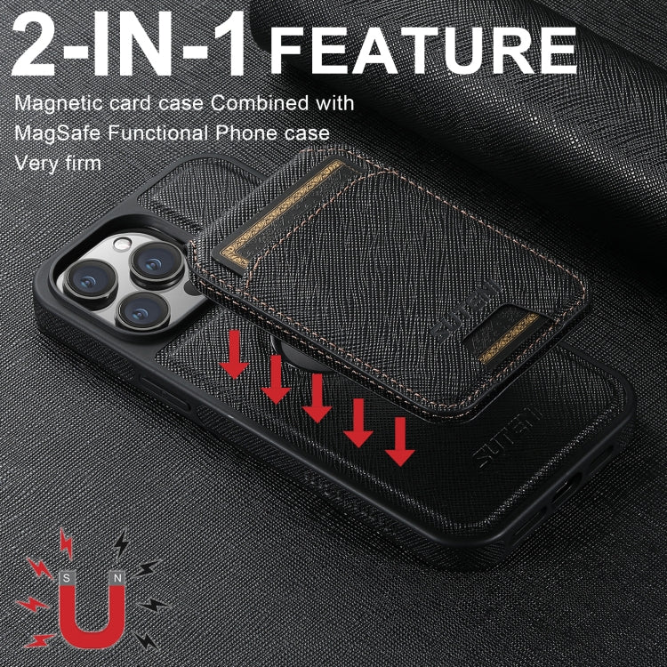 For iPhone 15 Pro Suteni M2 Cross-Grain MagSafe Vertical Card Back Phone Case(Black) - iPhone 15 Pro Cases by Suteni | Online Shopping UK | buy2fix