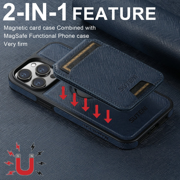 For iPhone 13 Pro Max Suteni M2 Cross-Grain MagSafe Vertical Card Back Phone Case(Blue) - iPhone 13 Pro Max Cases by Suteni | Online Shopping UK | buy2fix