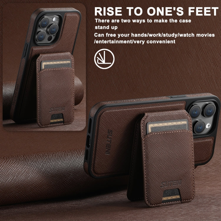 For iPhone 13 Suteni M2 Cross-Grain MagSafe Vertical Card Back Phone Case(Brown) - iPhone 13 Cases by Suteni | Online Shopping UK | buy2fix