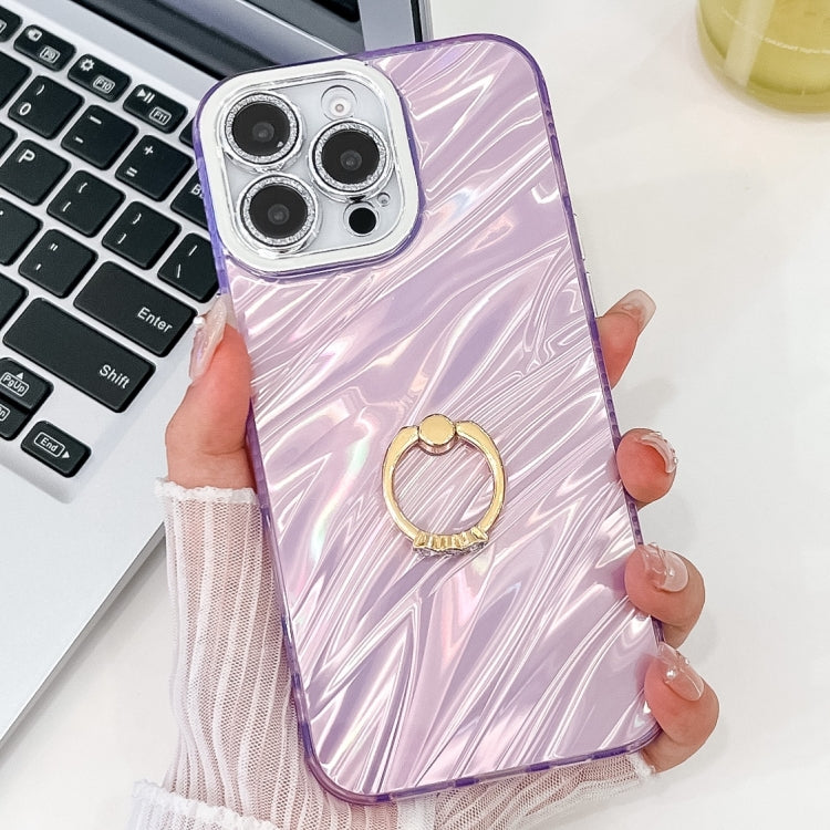 For iPhone 16 Pro Max Plating Glitter Texture Ring Holder TPU Phone Case with Lens Film(Purple Water Ripples) - iPhone 16 Pro Max Cases by buy2fix | Online Shopping UK | buy2fix