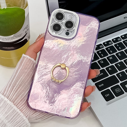 For iPhone 16 Pro Max Plating Glitter Texture Ring Holder TPU Phone Case with Lens Film(Purple Tinfoil Texture) - More iPhone Cases by buy2fix | Online Shopping UK | buy2fix