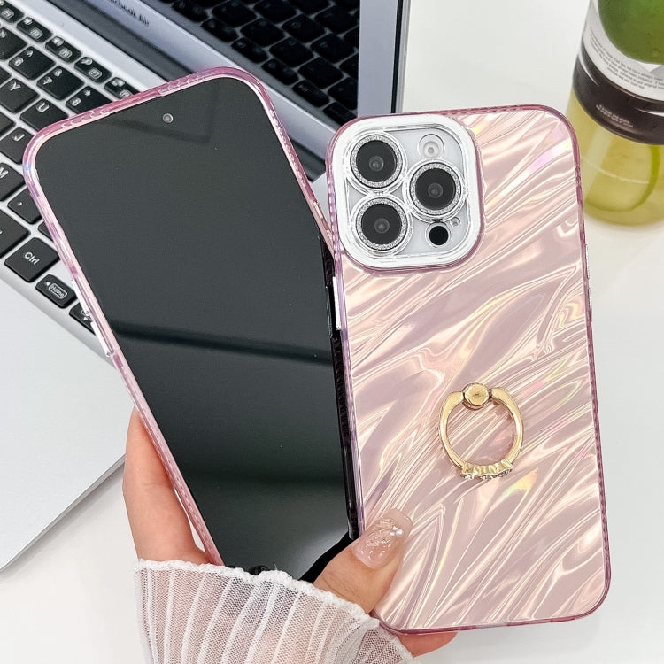 For iPhone 16 Plus Plating Glitter Texture Ring Holder TPU Phone Case with Lens Film(White Feather Yarn) - iPhone 16 Plus Cases by buy2fix | Online Shopping UK | buy2fix