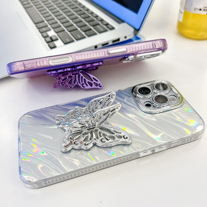 For iPhone 16 Plating Glitter Texture Butterfly Holder TPU Phone Case with Lens Film(Pink Feather Yarn) - iPhone 16 Cases by buy2fix | Online Shopping UK | buy2fix