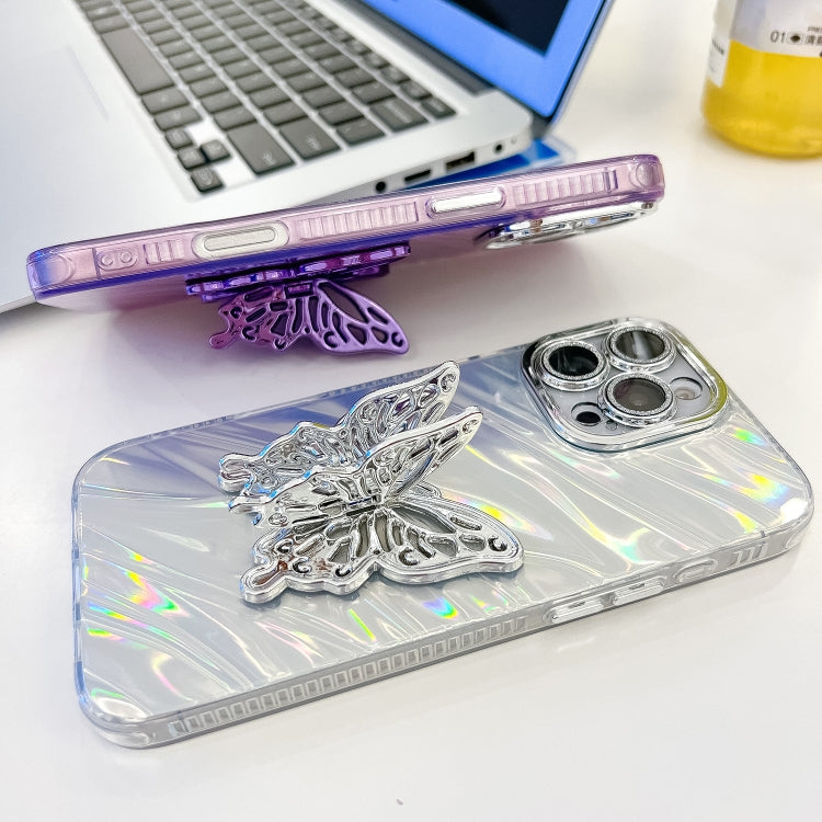 For iPhone 16 Plating Glitter Texture Butterfly Holder TPU Phone Case with Lens Film(White Water Ripples) - iPhone 16 Cases by buy2fix | Online Shopping UK | buy2fix