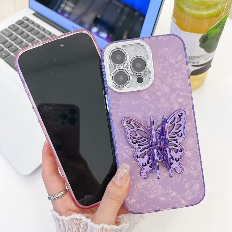 For iPhone 16 Plus Plating Glitter Texture Butterfly Holder TPU Phone Case with Lens Film(Pink Feather Yarn) - iPhone 16 Plus Cases by buy2fix | Online Shopping UK | buy2fix