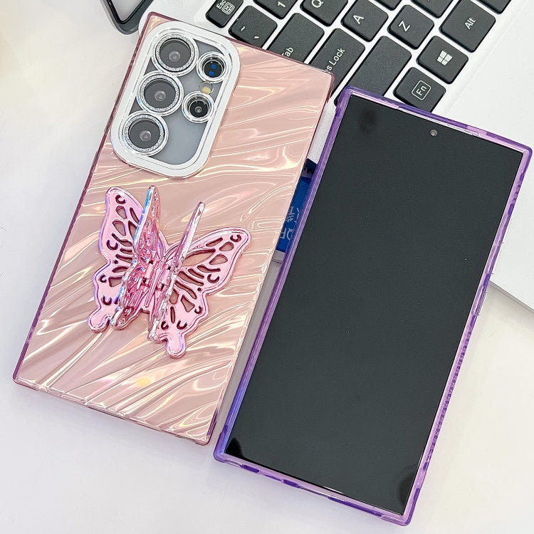 For Samsung Galaxy S25+ 5G Plating Glitter Texture Butterfly Holder TPU Phone Case with Lens Film(Purple Feather Yarn) - Galaxy S25+ 5G Cases by buy2fix | Online Shopping UK | buy2fix