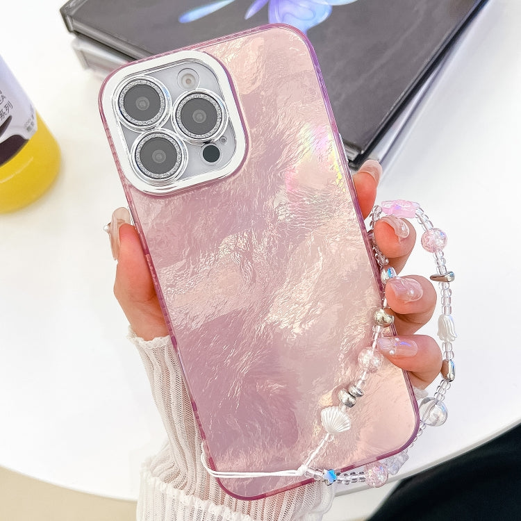 For iPhone 16 Plating Glitter Texture Chain Wristband TPU Phone Case with Lens Film(Pink Tinfoil Texture) - iPhone 16 Cases by buy2fix | Online Shopping UK | buy2fix