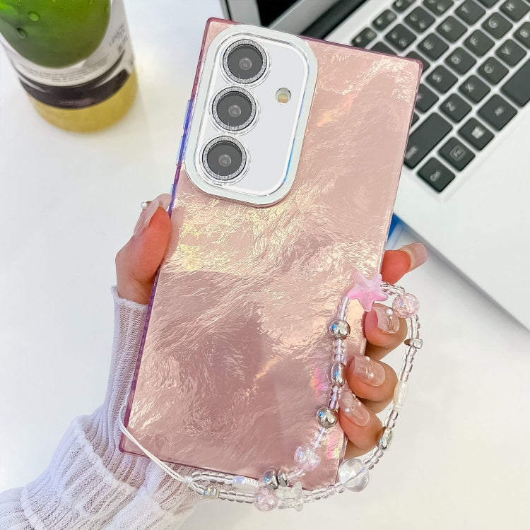 For Samsung Galaxy S25+ 5G Plating Glitter Texture Chain Wristband TPU Phone Case with Lens Film(Pink Tinfoil Texture) - Galaxy S25+ 5G Cases by buy2fix | Online Shopping UK | buy2fix