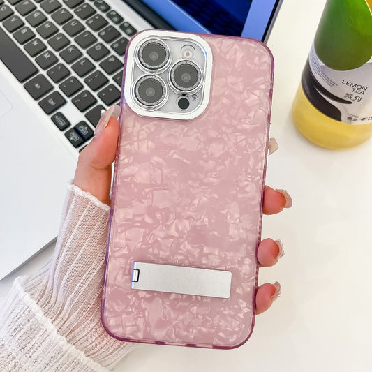 For iPhone 16 Pro Plating Glitter Texture Fold Holder TPU Phone Case with Lens Film(Pink Shell Pattern) - iPhone 16 Pro Cases by buy2fix | Online Shopping UK | buy2fix