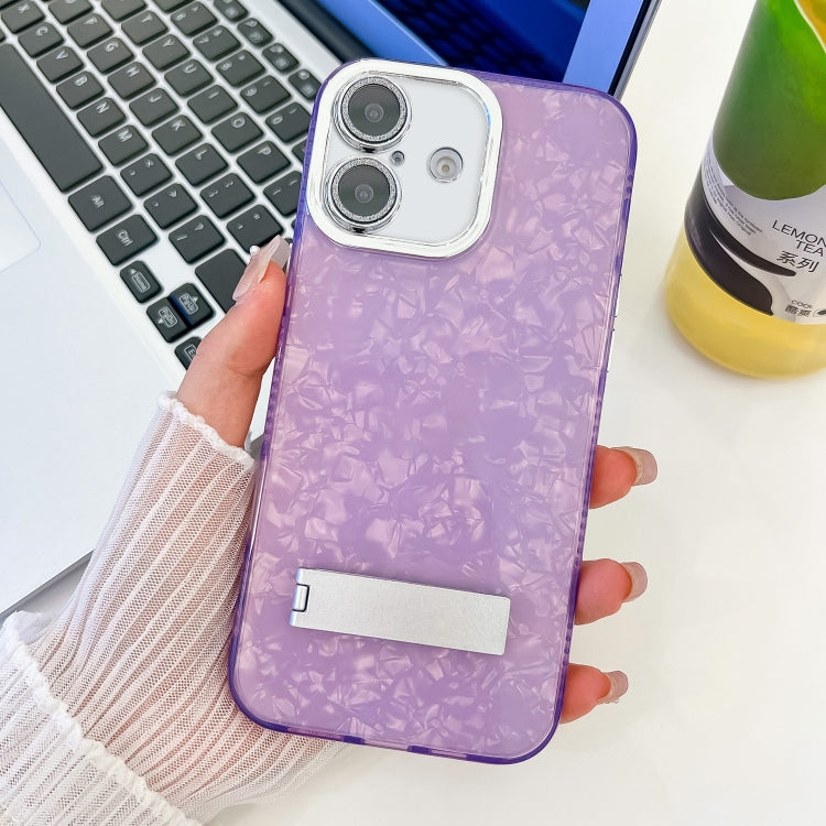 For iPhone 16 Plus Plating Glitter Texture Fold Holder TPU Phone Case with Lens Film(Purple Shell Pattern) - iPhone 16 Plus Cases by buy2fix | Online Shopping UK | buy2fix