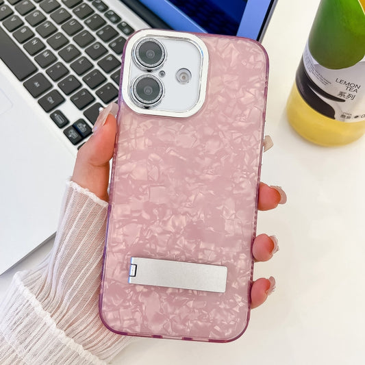 For iPhone 16 Plating Glitter Texture Fold Holder TPU Phone Case with Lens Film(Pink Shell Pattern) - iPhone 16 Cases by buy2fix | Online Shopping UK | buy2fix