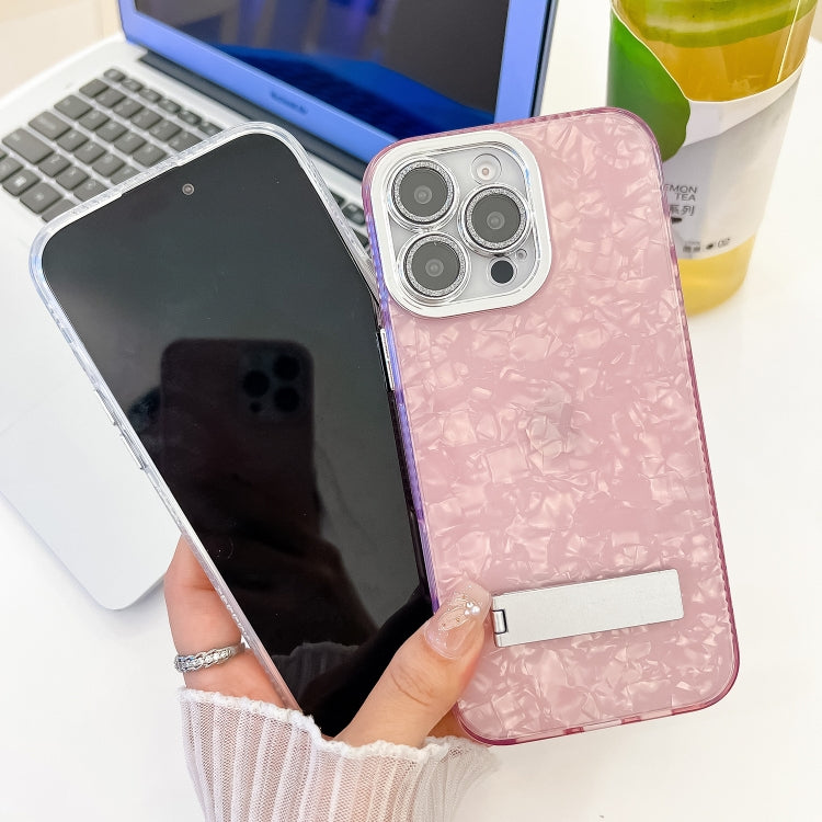 For iPhone 16 Plus Plating Glitter Texture Fold Holder TPU Phone Case with Lens Film(Pink Feathers) - iPhone 16 Plus Cases by buy2fix | Online Shopping UK | buy2fix