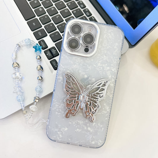 For iPhone 16 Pro Max Plating Glitter Lens Film Texture Butterfly Holder Wristband Phone Case(White Shell Pattern) - iPhone 16 Pro Max Cases by buy2fix | Online Shopping UK | buy2fix