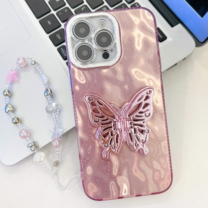 For iPhone 16 Pro Max Plating Glitter Lens Film Texture Butterfly Holder Wristband Phone Case(Pink Wrinkles) - iPhone 16 Pro Max Cases by buy2fix | Online Shopping UK | buy2fix