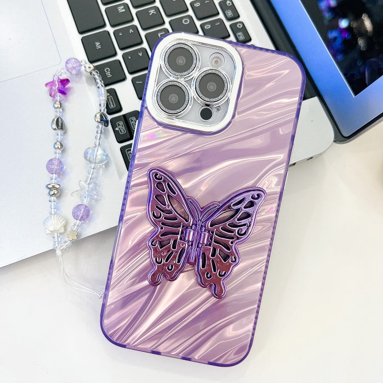 For iPhone 16 Pro Plating Glitter Lens Film Texture Butterfly Holder Wristband Phone Case(Purple Water Ripples) - iPhone 16 Pro Cases by buy2fix | Online Shopping UK | buy2fix