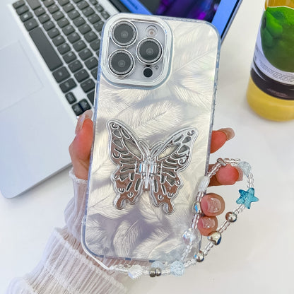 For iPhone 16 Pro Plating Glitter Lens Film Texture Butterfly Holder Wristband Phone Case(White Feathers) - iPhone 16 Pro Cases by buy2fix | Online Shopping UK | buy2fix