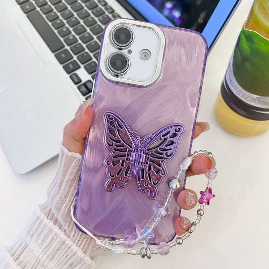 For iPhone 16 Plus Plating Glitter Lens Film Texture Butterfly Holder Wristband Phone Case(Purple Feather Yarn) - iPhone 16 Plus Cases by buy2fix | Online Shopping UK | buy2fix