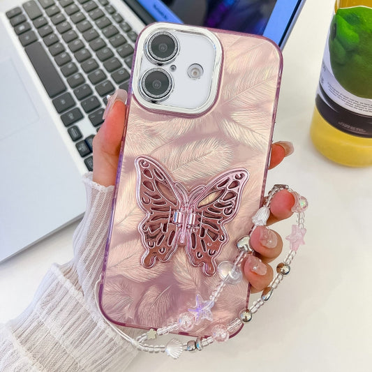 For iPhone 16 Plating Glitter Lens Film Texture Butterfly Holder Wristband Phone Case(Pink Feathers) - iPhone 16 Cases by buy2fix | Online Shopping UK | buy2fix