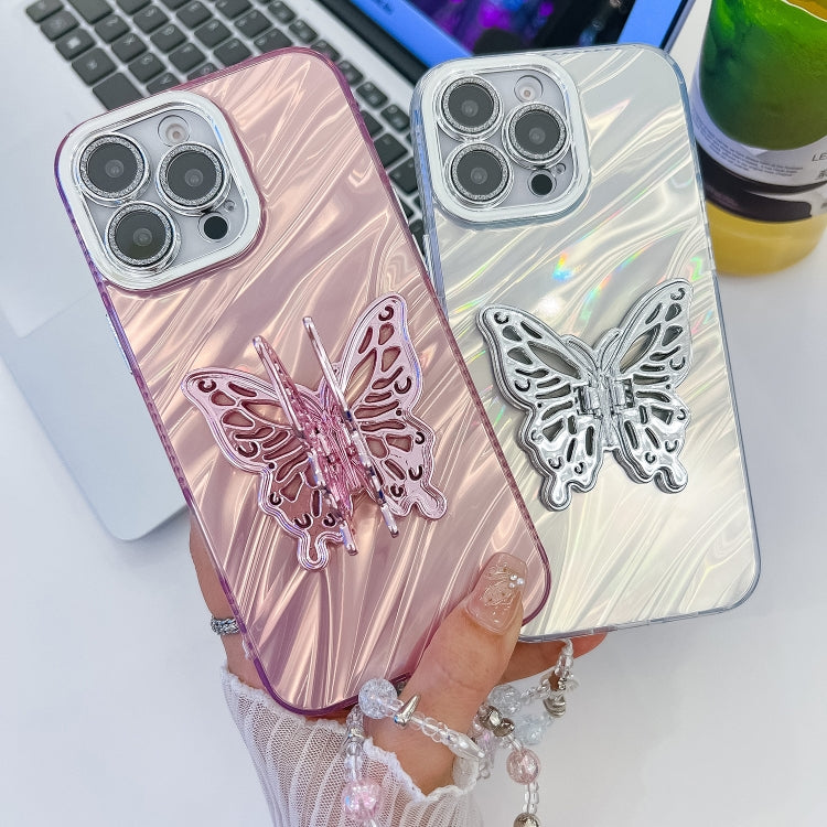 For iPhone 16 Pro Max Plating Glitter Lens Film Texture Butterfly Holder Wristband Phone Case(Purple Tinfoil Texture) - iPhone 16 Pro Max Cases by buy2fix | Online Shopping UK | buy2fix