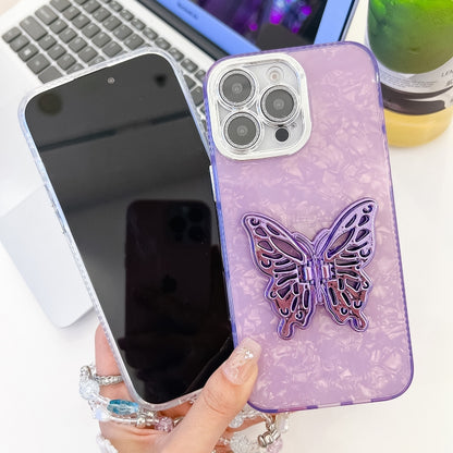 For iPhone 16 Pro Plating Glitter Lens Film Texture Butterfly Holder Wristband Phone Case(Pink Shell Pattern) - iPhone 16 Pro Cases by buy2fix | Online Shopping UK | buy2fix