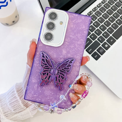 For Samsung Galaxy S25+ 5G Plating Glitter Lens Film Texture Butterfly Holder Wristband Phone Case(Purple Shell Pattern) - Galaxy S25+ 5G Cases by buy2fix | Online Shopping UK | buy2fix