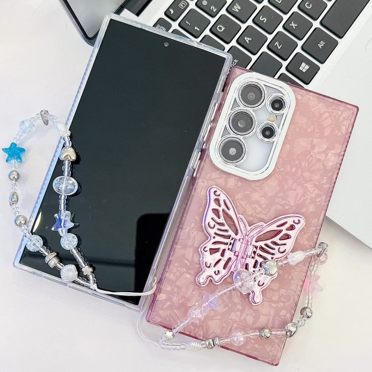 For Samsung Galaxy S25+ 5G Plating Glitter Lens Film Texture Butterfly Holder Wristband Phone Case(Purple Feathers) - Galaxy S25+ 5G Cases by buy2fix | Online Shopping UK | buy2fix