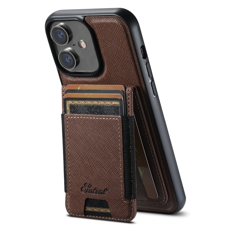 For iPhone 16 Suteni H17 Cross Grain Leather MagSafe Detachable Wallet Phone Case(Brown) - iPhone 16 Cases by Suteni | Online Shopping UK | buy2fix