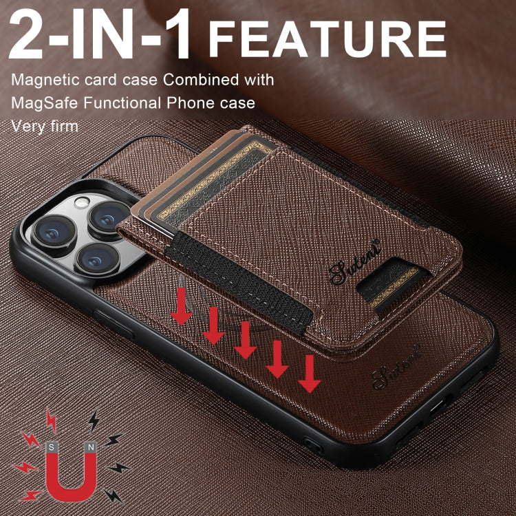 For iPhone 15 Pro Max Suteni H17 Cross Grain Leather MagSafe Detachable Wallet Phone Case(Brown) - iPhone 15 Pro Max Cases by Suteni | Online Shopping UK | buy2fix