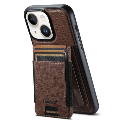 For iPhone 14 Suteni H17 Cross Grain Leather MagSafe Detachable Wallet Phone Case(Brown) - iPhone 14 Cases by Suteni | Online Shopping UK | buy2fix