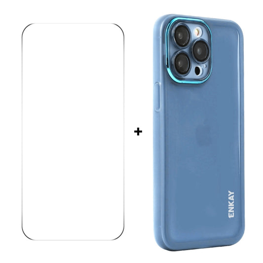 For iPhone 15 Pro Max ENKAY Hat-Prince Translucent Matte TPU Phone Case with Lens Film + 9H Big Arc Edge Film(Blue) - iPhone 15 Pro Max Cases by ENKAY | Online Shopping UK | buy2fix