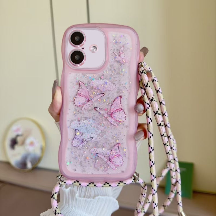 For iPhone 16 Plus Crossbody Wave Edge Butterfly TPU Phone Case(Pink) - iPhone 16 Plus Cases by buy2fix | Online Shopping UK | buy2fix